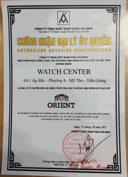 chứng nhận đồng hồ orient chính hãng mỹ tho tiền giang